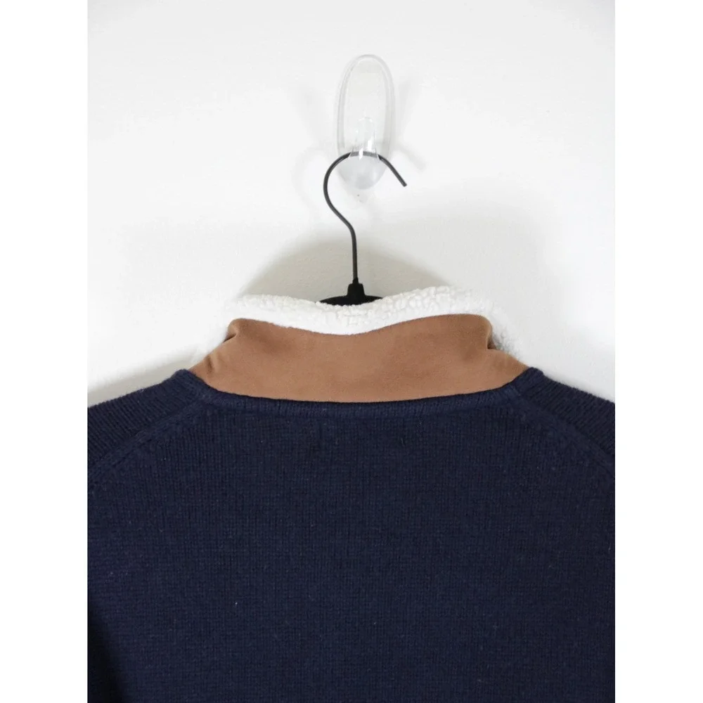 Orvis Mens Lambs wool‎ Quarter Zip Sweater Navy Blue Sherpa Lined Mock Neck M